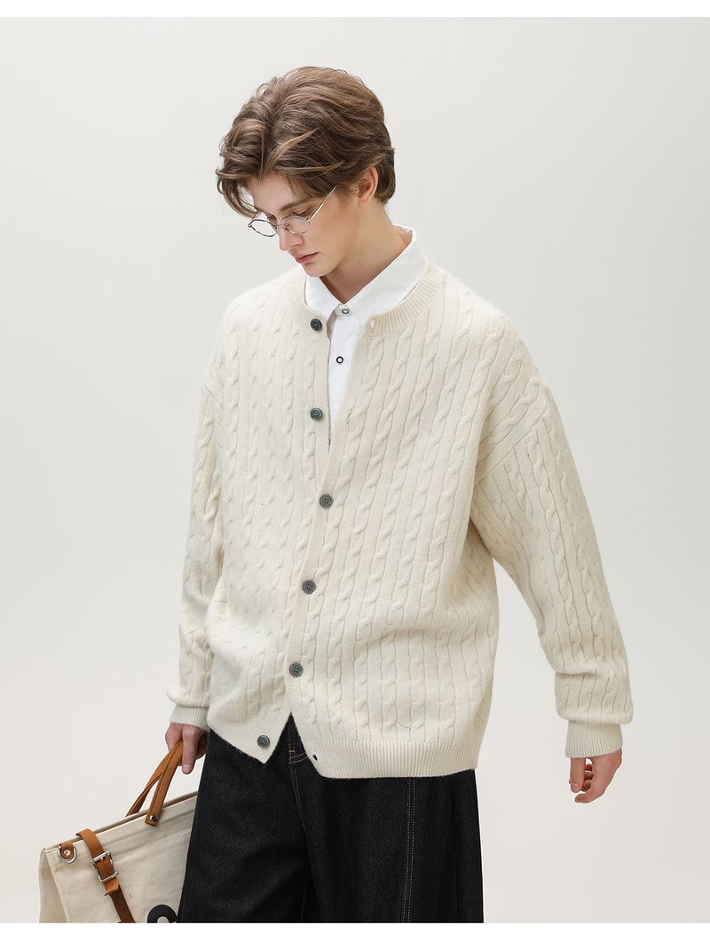 Trendy Vintage Cable-Strickpullover mit Struktur für Herren Herbst/Winter Neuankömmling Einfarbig Vielseitige Strickwaren Rundhals-Strickpullover-Jacke_voghion.com
