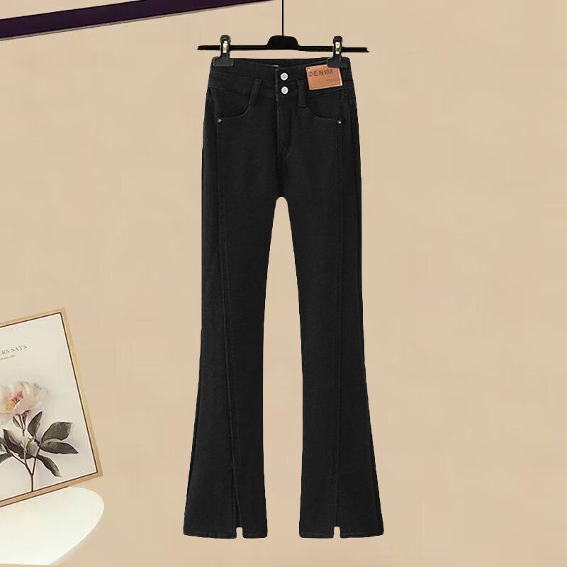Conjunto de suéter de malha e calça jeans flare feminino para outono e inverno - corte justo, confortável e estiloso (várias opções de cores)_voghion.com