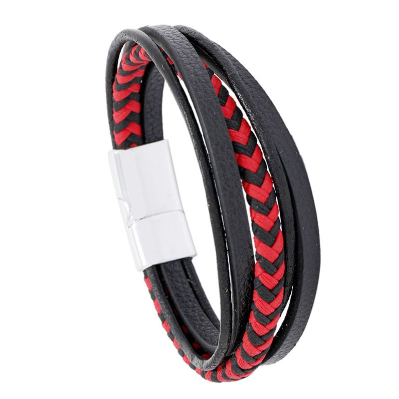 Bracciale in pelle intrecciata nera e rossa multistrato personalizzato per uomo in PU_voghion.com