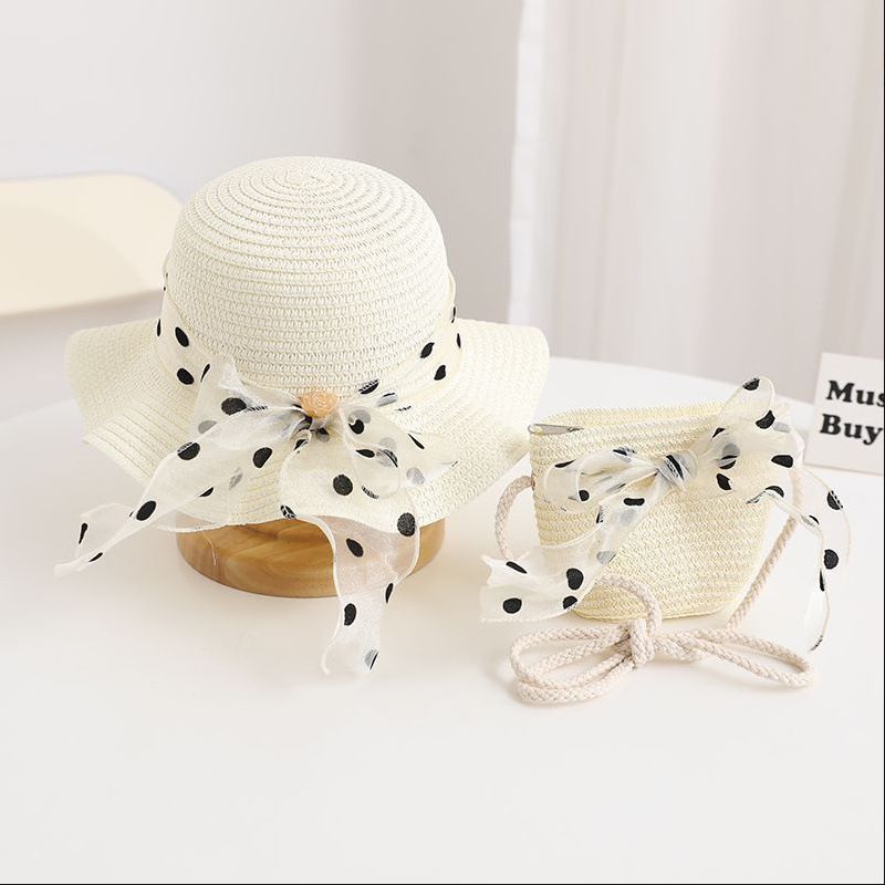 Nuovo set di cappelli e borse parasole con fiocco coreano a pois e onde di paglia per bambini, dolce e carino_voghion.com