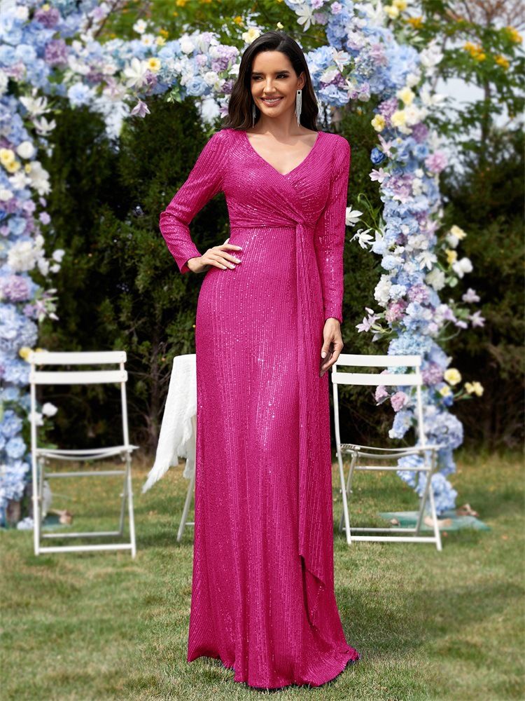 Abito da sera a sirena con scollo a V e maniche lunghe da donna_voghion.com