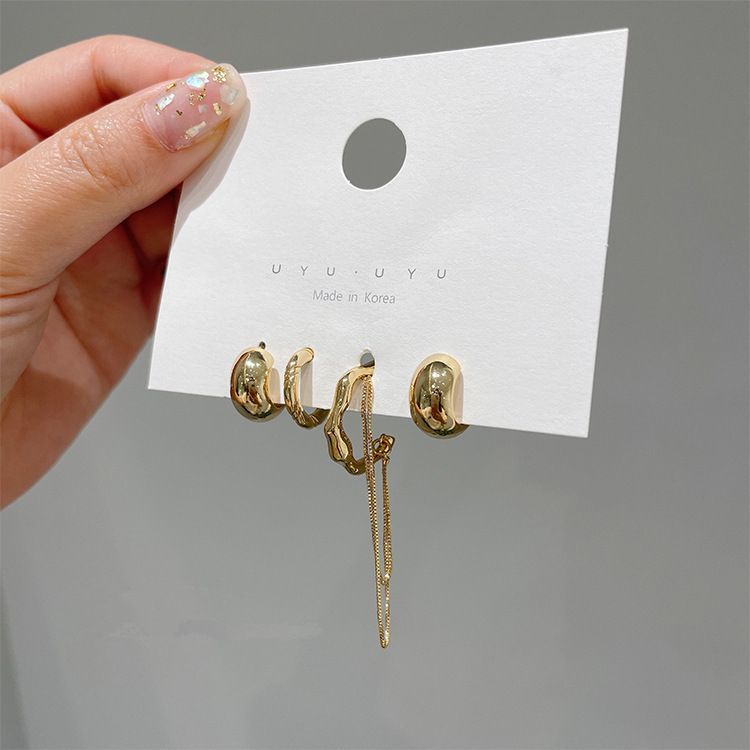 Dongdaemun New Irregular Chain Set Elegant Silver Needle Minimalist Style Earrings Non-Pierced Ear Cuff For Women_voghion.com