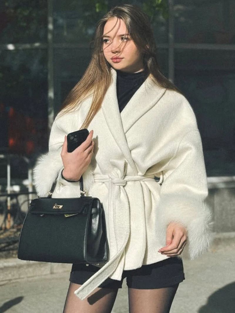 Women's Clothing Autumn And Winter Woolen Coat Short Coat Women's Cuffs Fur V Neck Lace Up Solid Color_voghion.com
