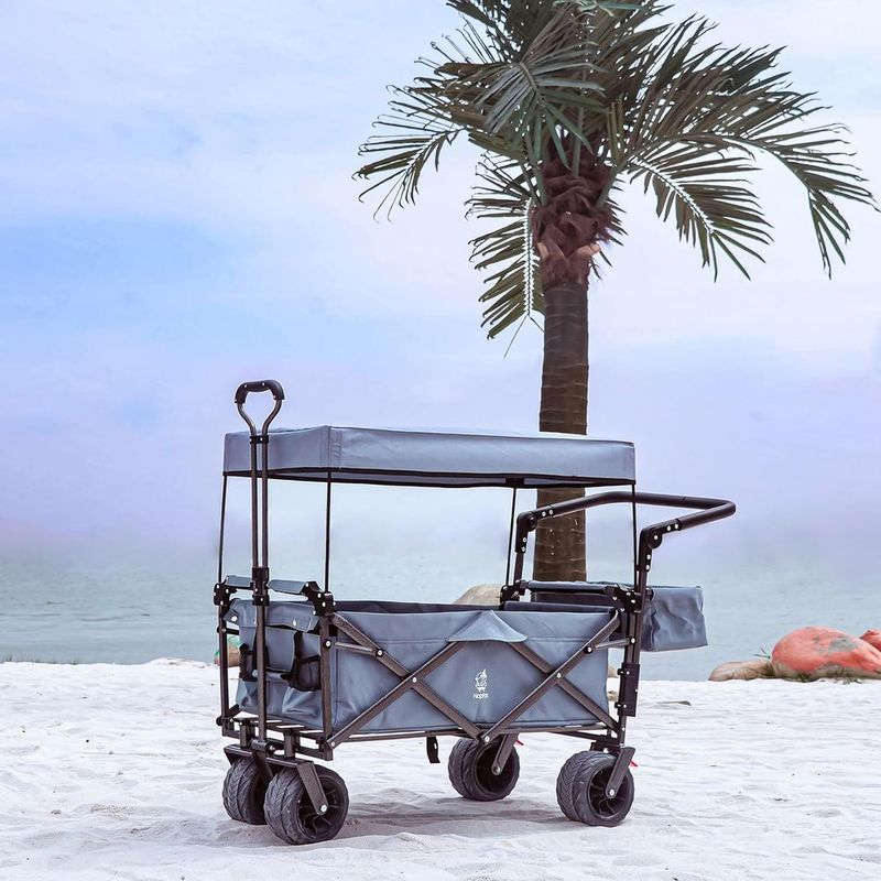 Collapsible Wagon Heavy Duty Folding Wagon Cart With Removable Canopy, 4" Wide Large All Terrain Wheels, Brake, Adjustable Handles,Cooler Bag Utility Carts For Outdoor Garden Beach_voghion.com