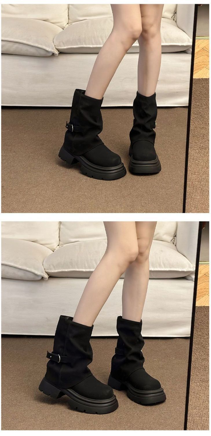 ShoeGlobe 2025 Retro Dicke Sohle Kurze Herbst Winter Neue Martin Western Style Höhersetzende Slim-Fit Denim Stiefel_voghion.com