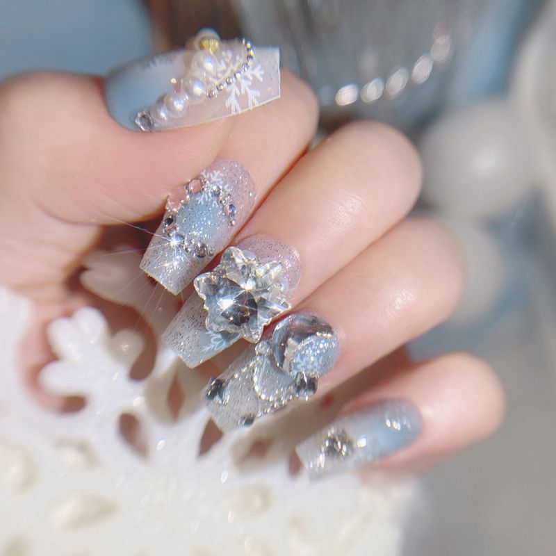 Toppe rimovibili glitterate a forma di fiocco di neve per Natale e Capodanno, prodotti per unghie indossabili U16_voghion.com