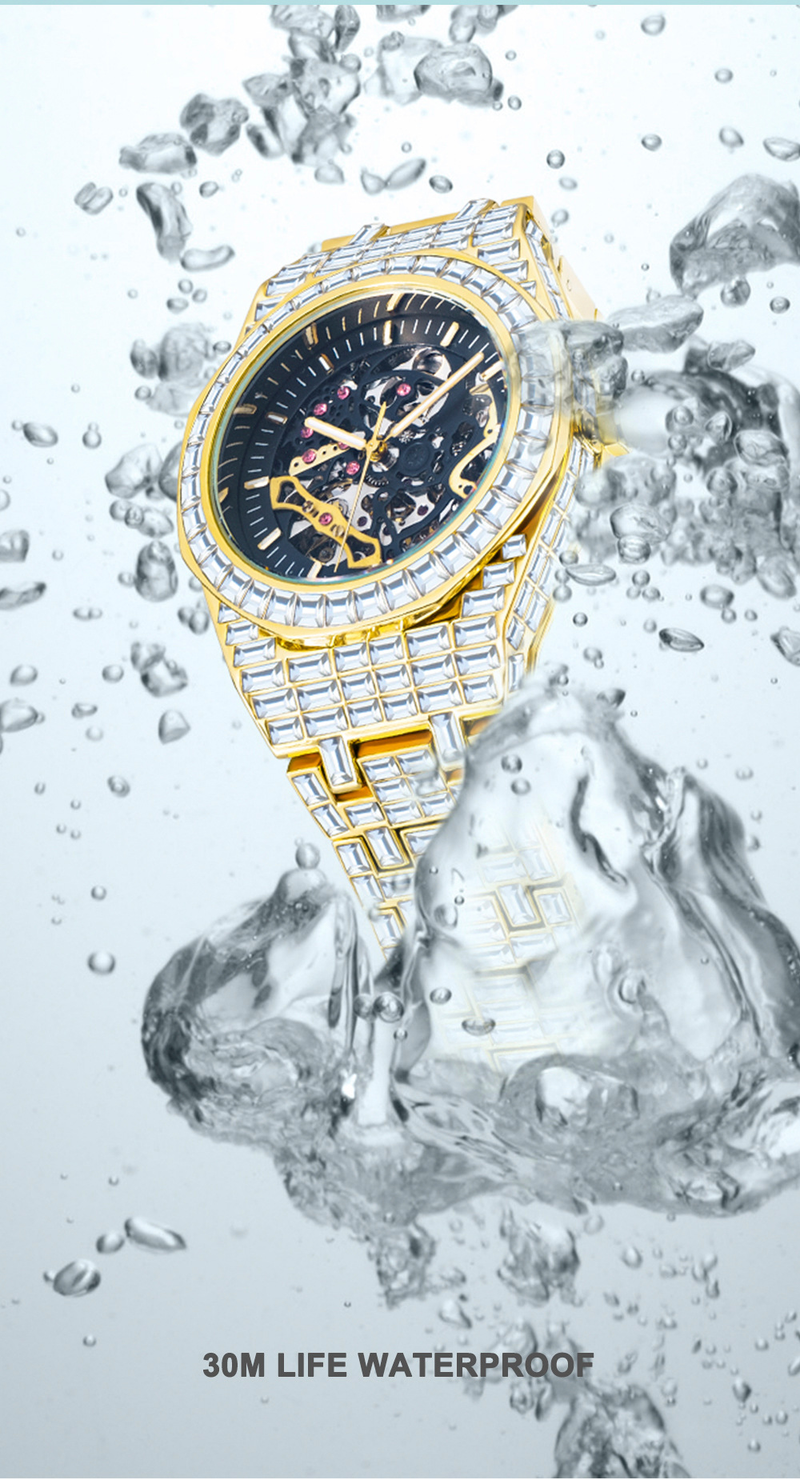 MISSFOX Ceas bărbătesc MISSFOX Silver Senior, complet mecanic, cu diamant pătrat, de lux, strălucitor, gol_voghion.com