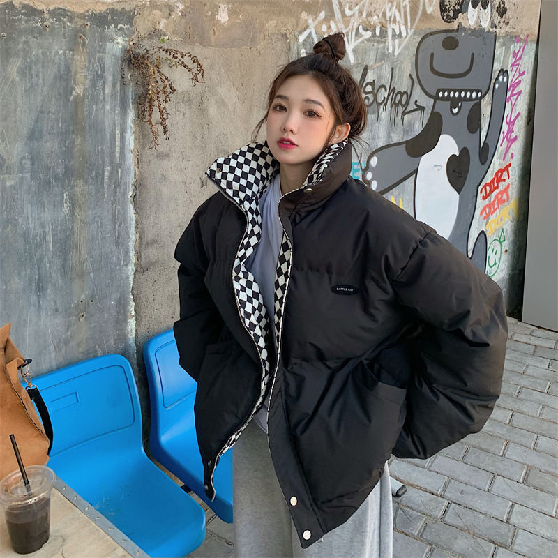 new style checkerboard down cotton coat for women, loose BF style stand collar short cotton coat, cotton jacket, thickened bread coat_voghion.com