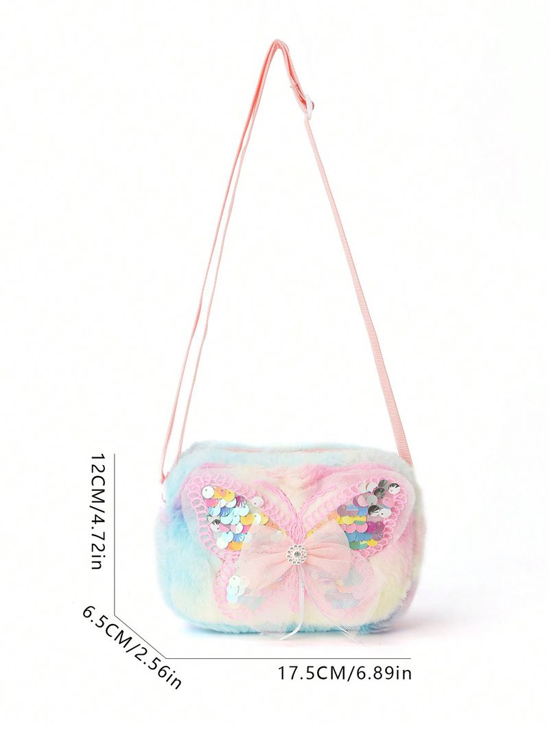 Girls Pink Butterfly Cartoon Print Messenger Bag Kawaii Colorful Plush Outing Small Square Bag Furry_voghion.com