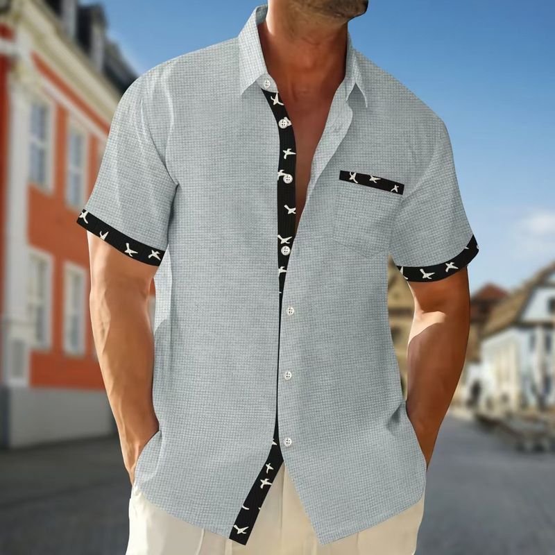 Camicia da uomo a maniche corte con risvolto, casual, in tessuto a nido d'ape, con bottoni e tasche_voghion.com
