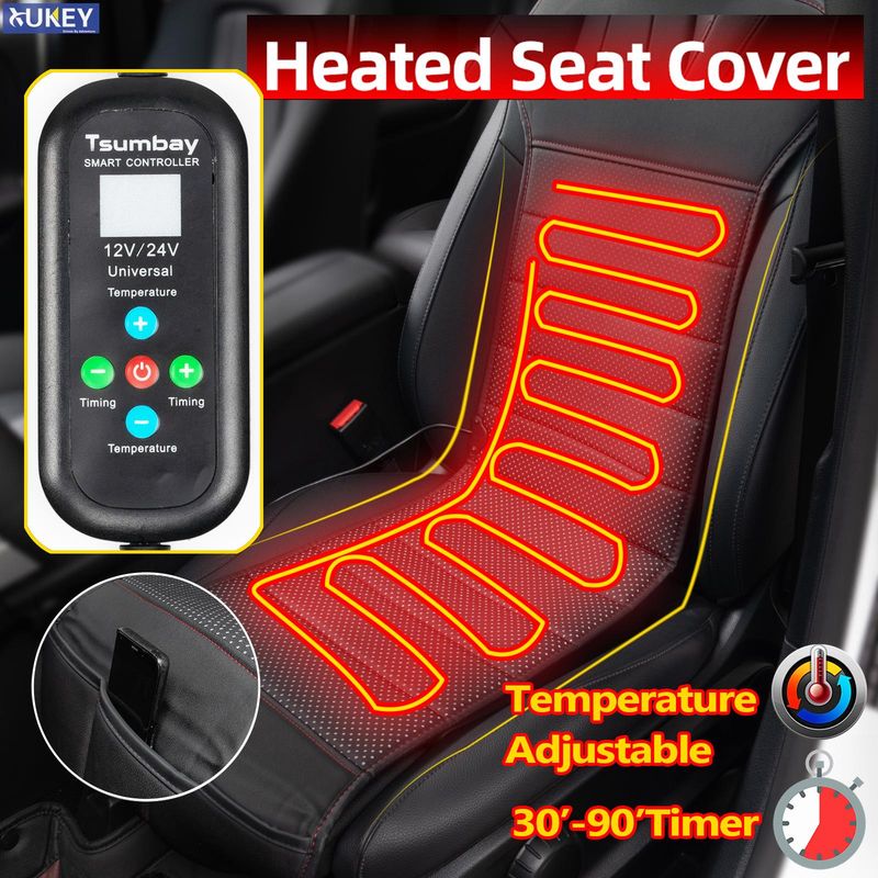 Coprisedile riscaldato per auto in pelle PU con telecomando integrato, 12 V 24 V, universale, riscaldatore, cuscino invernale freddo, nero_voghion.com