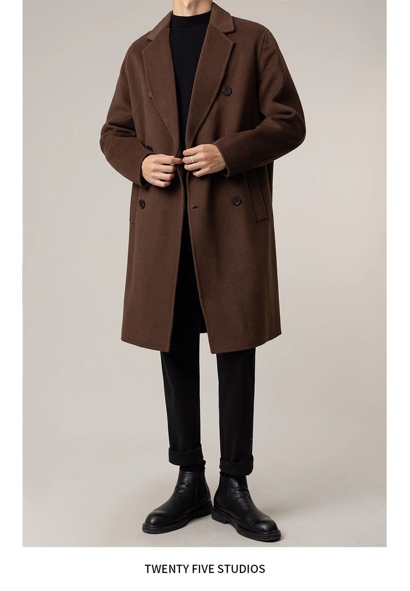 Langer, zweireihiger Wollmantel für Herren – Knielanger, locker sitzender Trenchcoat für den Winter (Schwarz, Braun)_voghion.com
