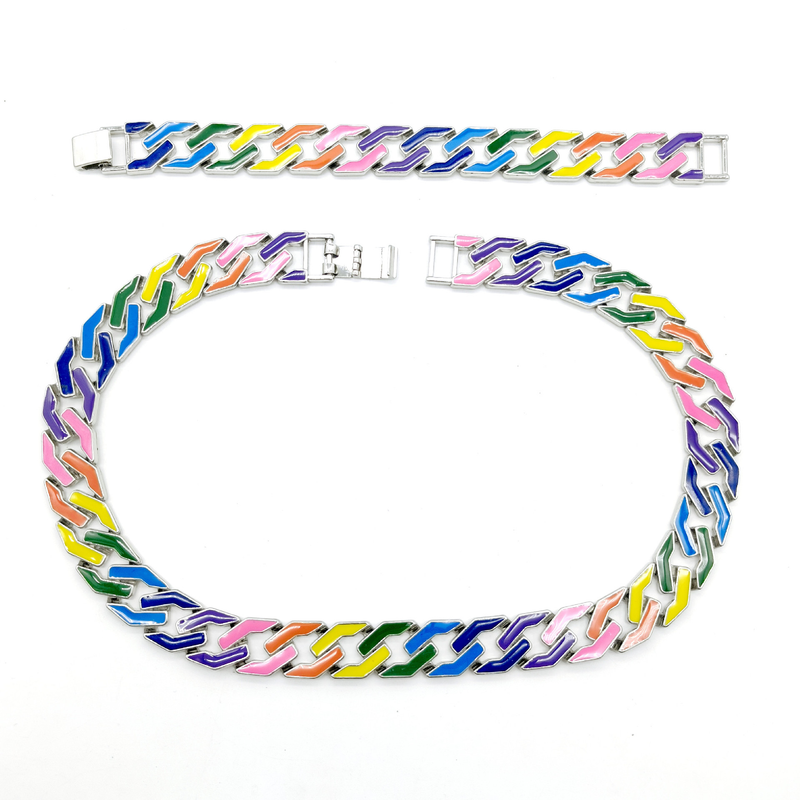 Bracciale unisex hip hop alla moda con catena cubana smaltata, 17 mm, collana hip hop con rombi arcobaleno, per uomini e donne._voghion.com