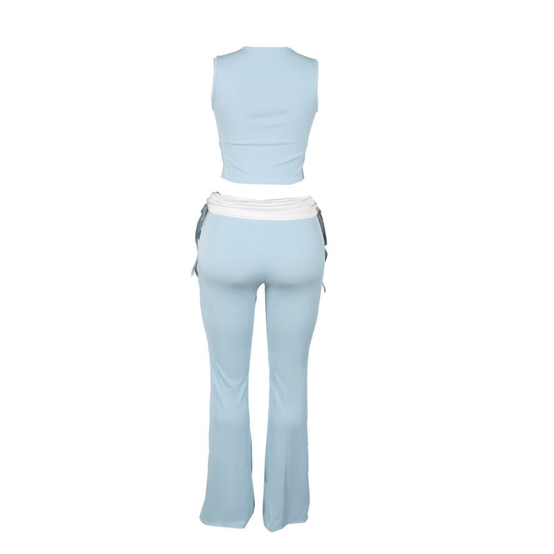 Women's Clothing Casual Elastic Stitching Contrast Color Ribbed Sleeveless Vest Trousers Two Pieces_voghion.com