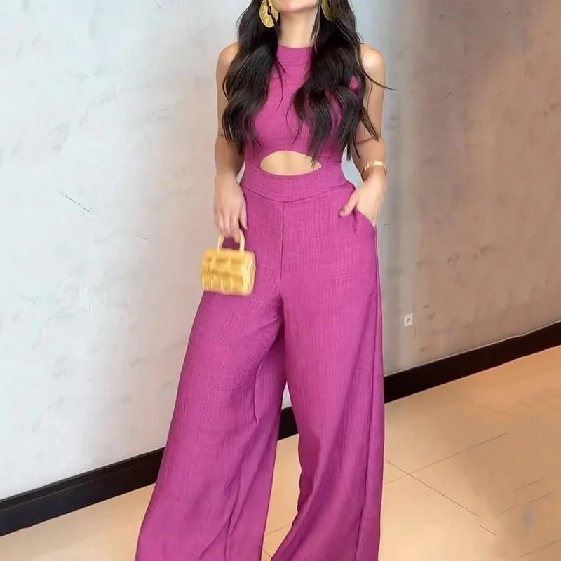 Women's Clothing summer new women's clothing solid color round neck sleeveless fashion hollow wide leg jumpsuit_voghion.com