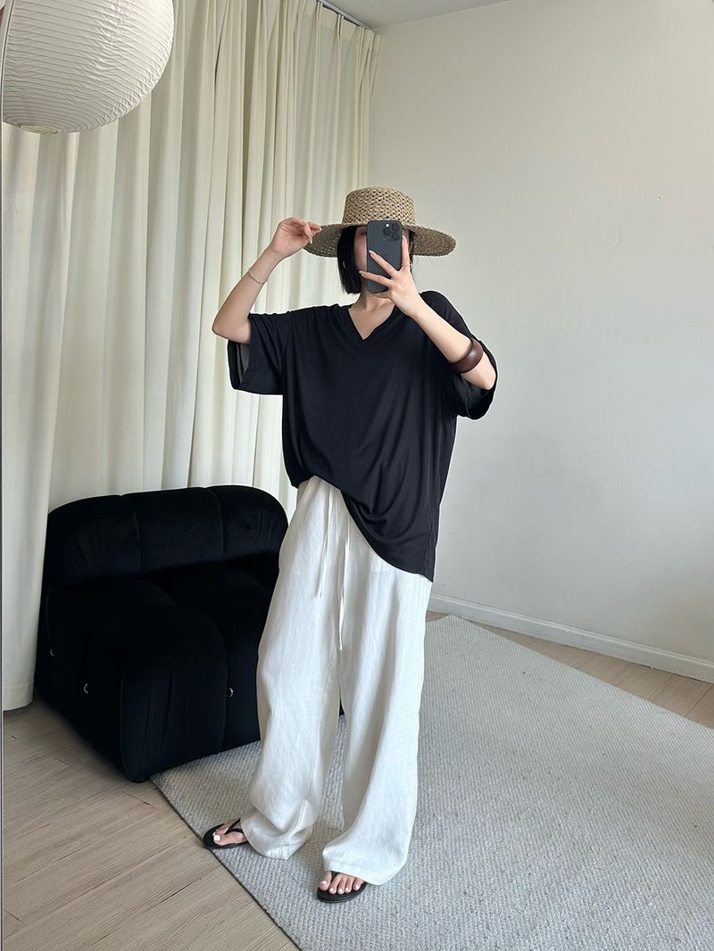 Atmungsaktive Hose aus Leinen-Baumwolle mit weitem Bein für Damen – Relaxed Fit Hose mit hoher Taille und geradem Bein und Kordelzug, lässige Loungewear für den Sommer in Weiß_voghion.com