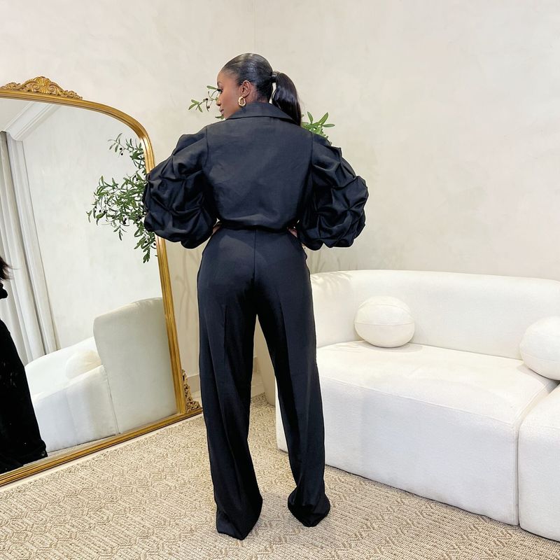 Completo da donna per il pendolarismo: camicetta con ampio risvolto e pantaloni con maniche a pieghe_voghion.com