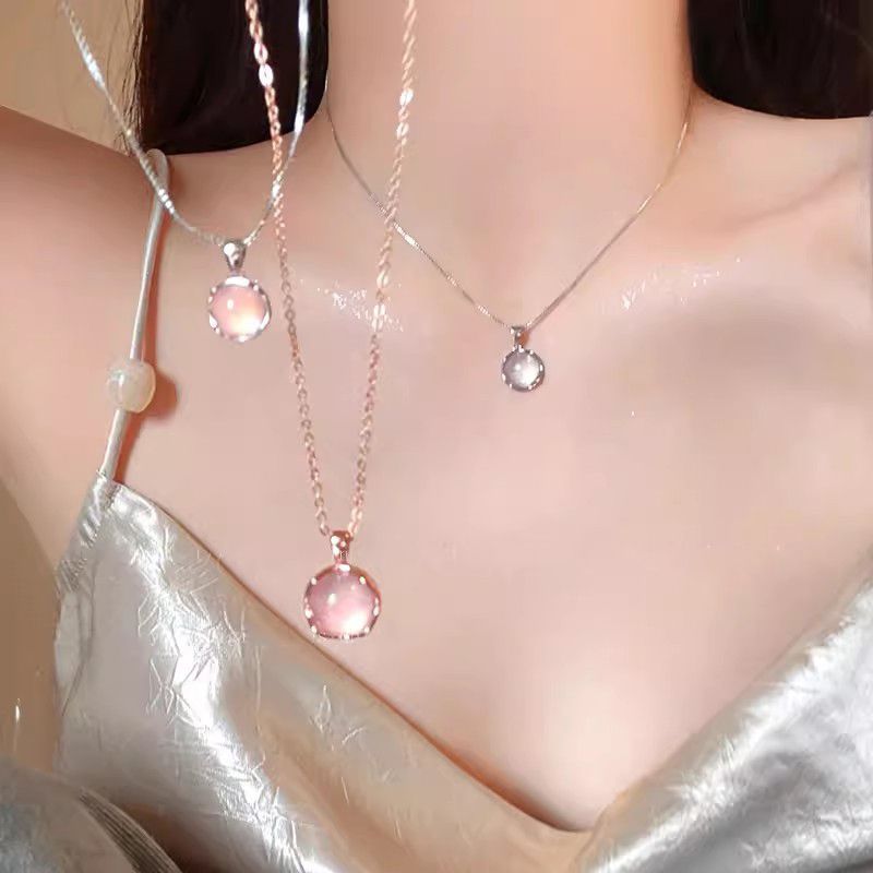 Ready Stock Korean Fashion Colorful Crystal Round Pendant Sier Color Chain Neck Necklace for Women Sweet Wedding Aesthetic Charm_voghion.com