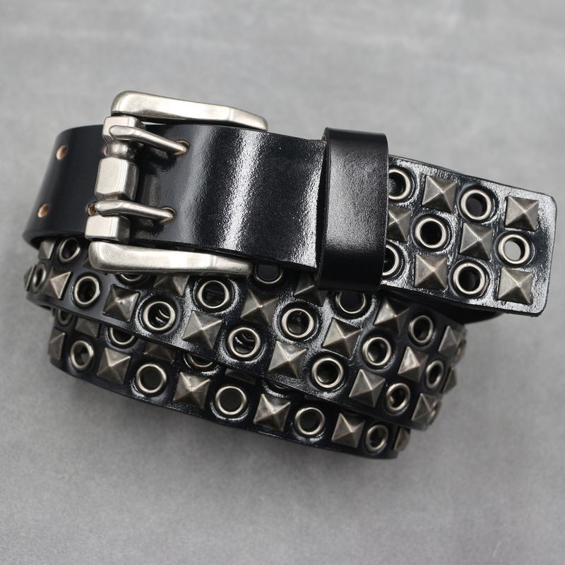 Design Punk Eyelet Hollow Rivet Men's Genuine Leather Nightclub Women's Double Pin Buckle Belt_voghion.com
