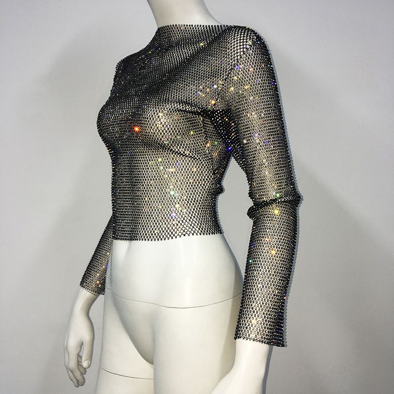 Maglietta da pesca con strass, a maniche lunghe, girocollo, leggera e di lusso, da donna, con look scintillante, alla moda e di tendenza._voghion.com