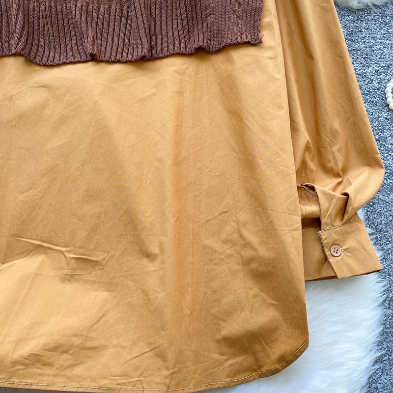 Oversized Shirt & Knit Shawl Two-Piece Set - Loose Fit Long Sleeve Blouse With Layered Chic_voghion.com