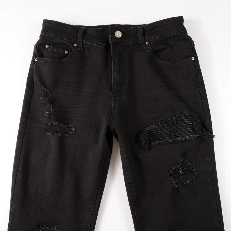 Jeans neri alla moda da uomo, strappati e rattoppati, pantaloni skinny elasticizzati slim fit_voghion.com