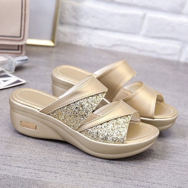 Large Size Wedge Sandals For Women's Summer New Style, Sequined Fish Mouth, Thick Sole, Outer Slippers_voghion.com