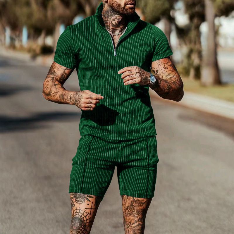 2025 Yaz Yeni Dikey Çizgili Kısa Kollu Şort Spor ve Eğlence Erkek Takımı_voghion.com