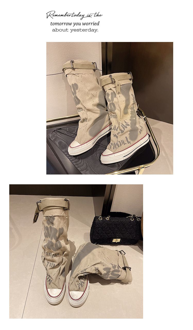 Damenschuhe Stiefel Damen Retro Flache Graffiti Wadenhohe Stiefel Sexy Große Mode Pile Stiefel_voghion.com