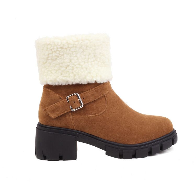 Women's winter round toe high heel boots with belt buckle large size short boots_voghion.com