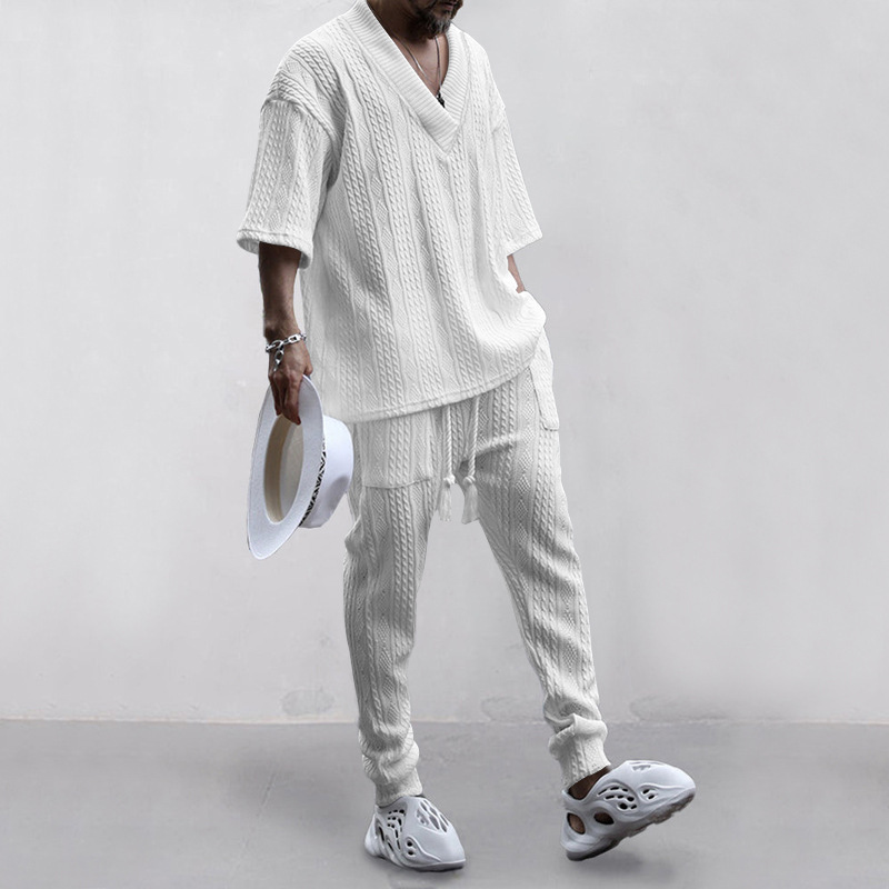 2023 Nuovo set da uomo casual e ampio con camicia e pantaloni lunghi in maglia jacquard a maniche a sette quarti_voghion.com