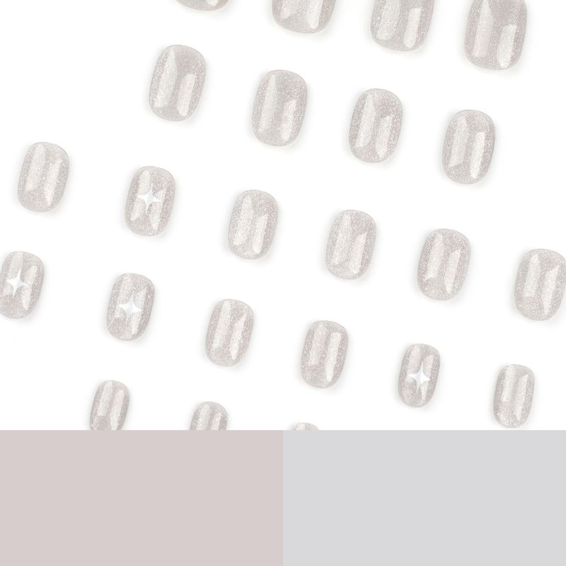 Arte indossabile premium a tinta unita con occhio di gatto grigio, a forma di stella e armatura stellata splendente, piastra per unghie corta e rotonda staccabile_voghion.com