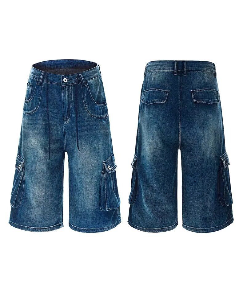 Summer New American Style Loose Fit Three-Dimensional Pocket Capri Pants Unisex Cargo Denim Shorts Versatile Slimming_voghion.com