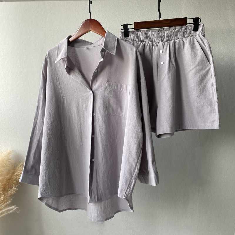 Ensemble 2 pièces rétro pour femmes, chemise en coton et lin, grande taille, short ample taille haute_voghion.com