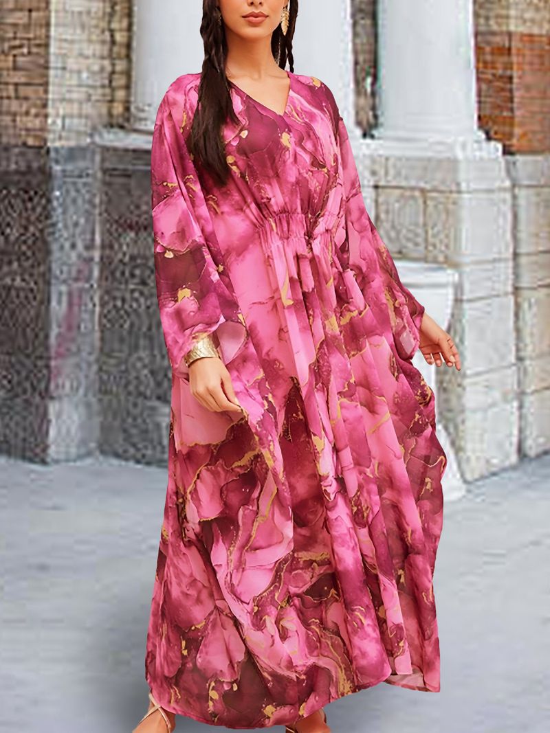 Elegante abito lungo musulmano con scollo a V e stampa floreale per donna - Abito lungo ampio e modesto con maniche a pipistrello (rosso rosa)_voghion.com