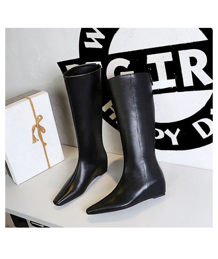 6632-29 Scarpe invernali da donna alla moda, semplici e versatili con tacco medio inclinato, aumento dell'altezza interna, canna larga, alte_voghion.com