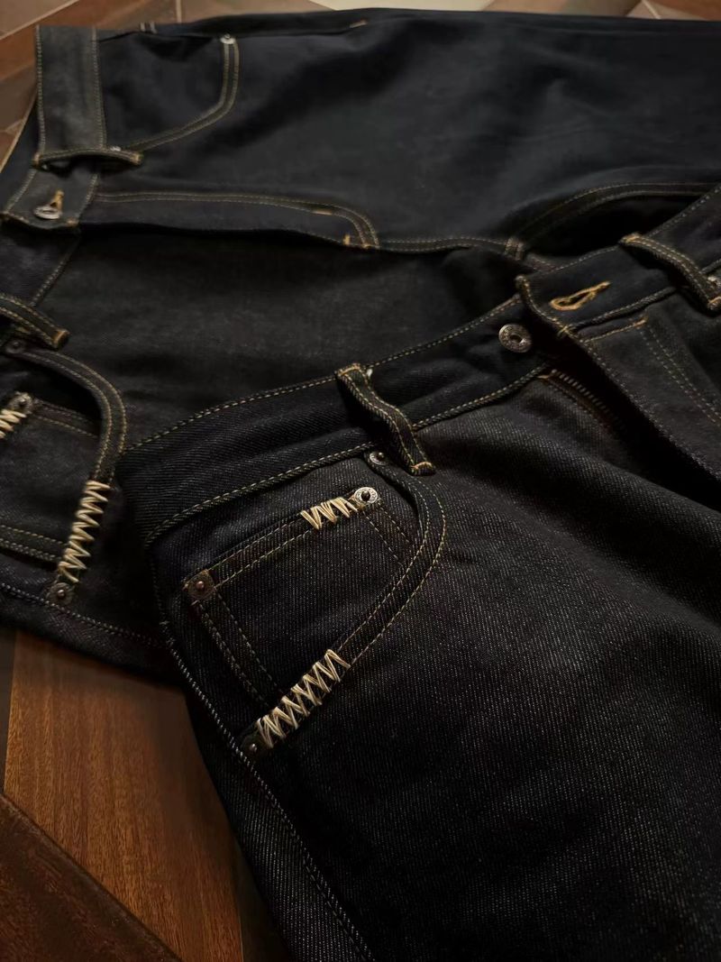 Jeans da uomo slim fit in denim grezzo con dettagli cuciti a mano, 646 leggermente svasati, blu scuro classico_voghion.com