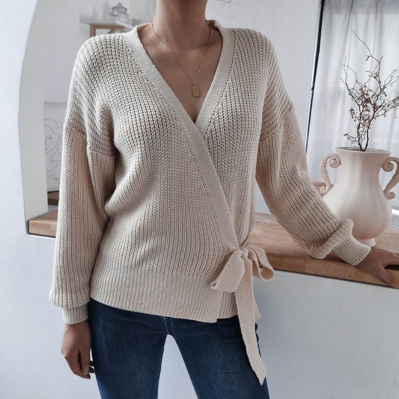Maglione lavorato a maglia con nodo e scollo a V casual autunno inverno Abbigliamento da donna_voghion.com