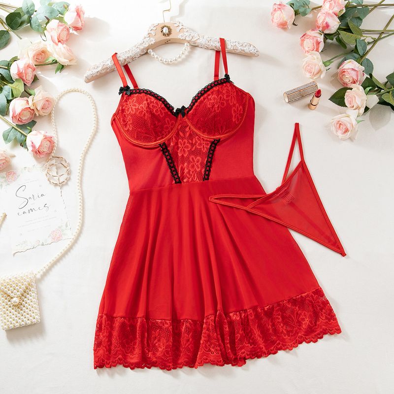 Lace Trimmed Chemise Set - 3-Piece Shapewear With G-String & Stockings_voghion.com