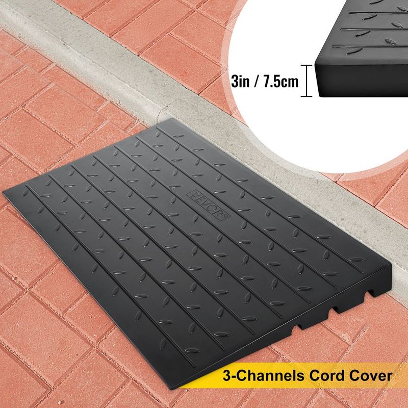 VEVOR Rubber Threshold Ramp, 3" Rise Threshold Ramp Doorway, 3 Channels Cord Cover Rubber Solid Threshold Ramp, Rubber Angled Entry Rated 2200 Lbs Load Capacity For Wheelchair And Scooter_voghion.com