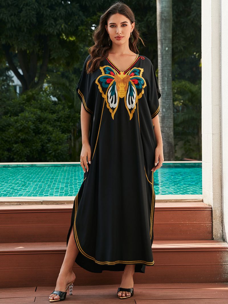 Bohemian Cotton Maxi Dress With Butterfly Embroidery – Flowy Beach Cover-Up, Oversized Tunic For Women, Versatile Swimwear Wrap_voghion.com