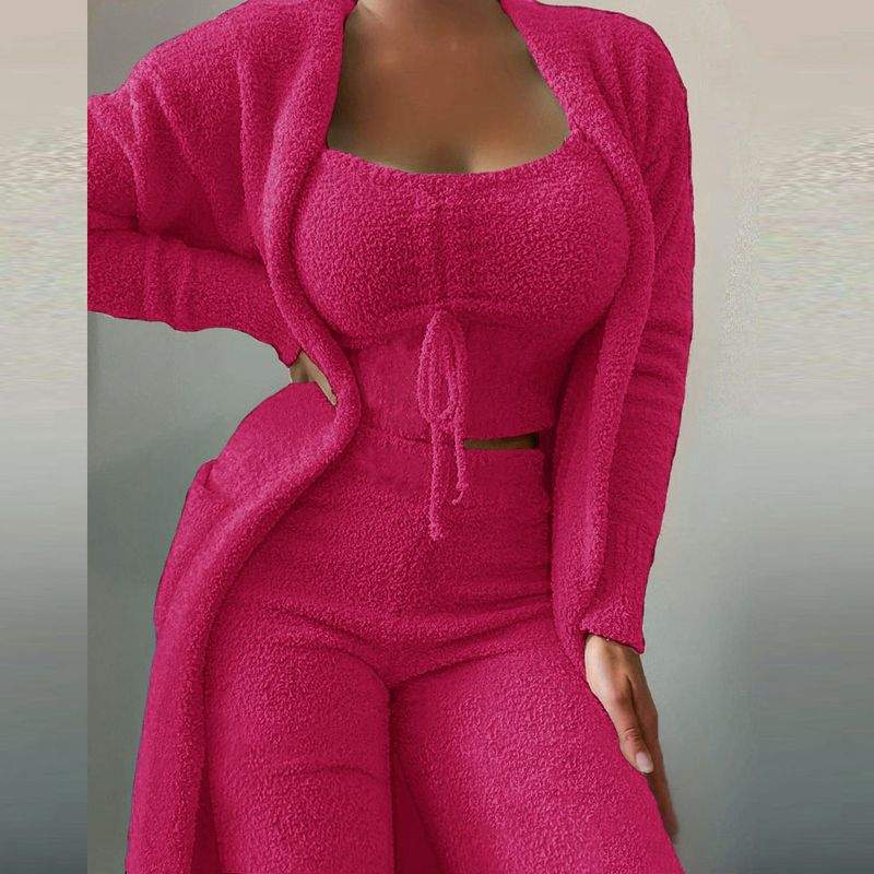 Damenmode lässig Plüsch Schnürung Strickjacke 3 Hosenanzüge_voghion.com
