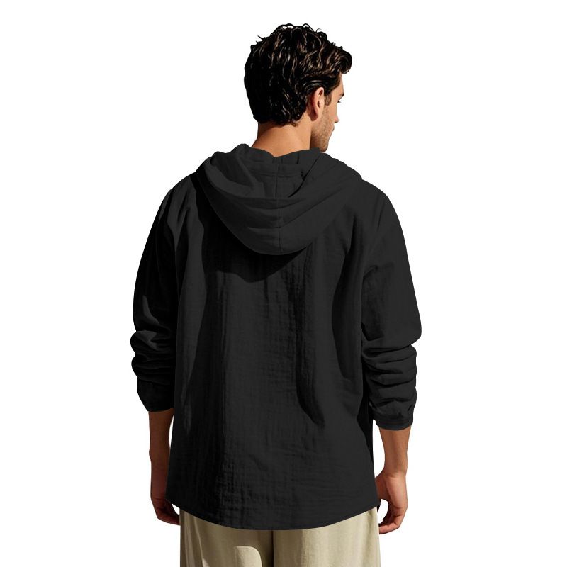 Lente en herfst lang mouwen linnen overhemd heren capuchon casual losse T-shirt trui heren_voghion.com