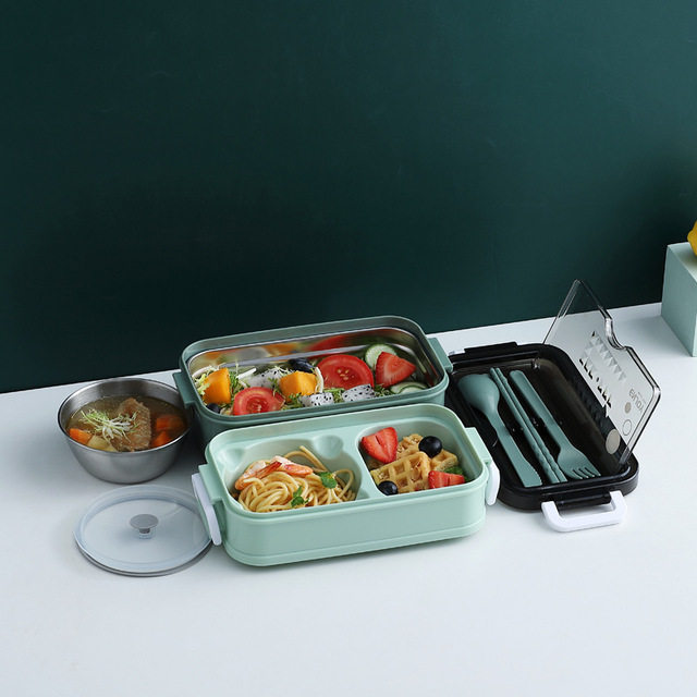 304 Rustfrit stål Madkasse Bento Box Til Skolebørn Kontormedarbejder 2-lags Mikroovn Opvarmning Frokostbeholder Mad Opbevaringsboks_voghion.com