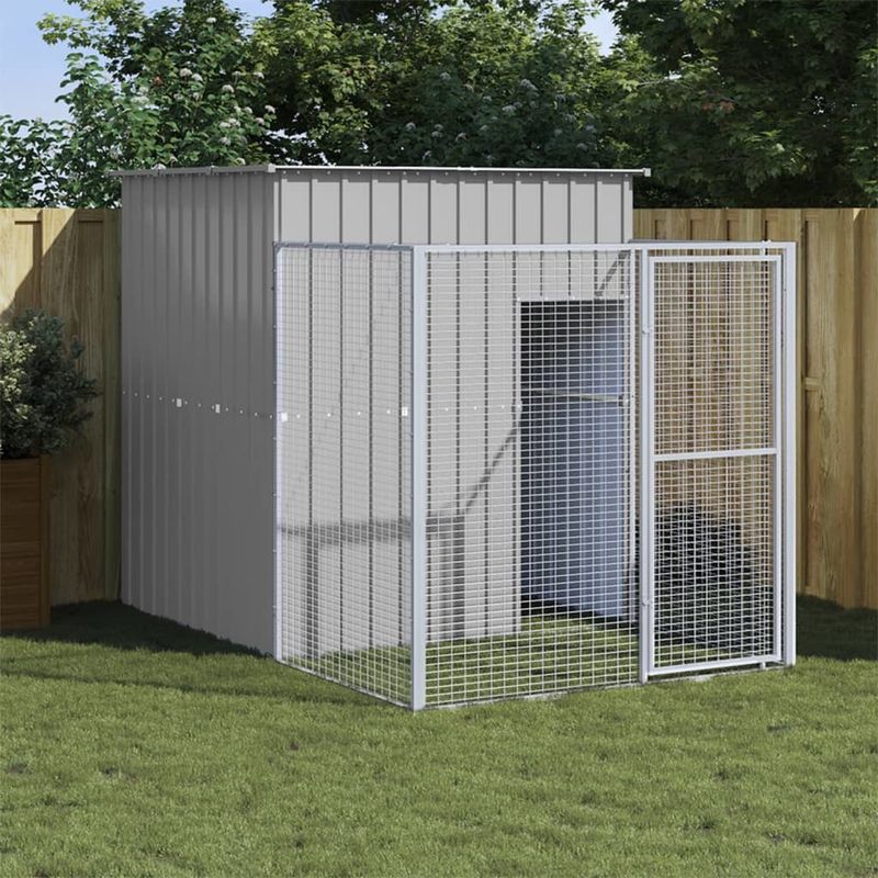 Dog House with Run Light Gray 65"x98.8"x71.3" Galvanized Steel_voghion.com