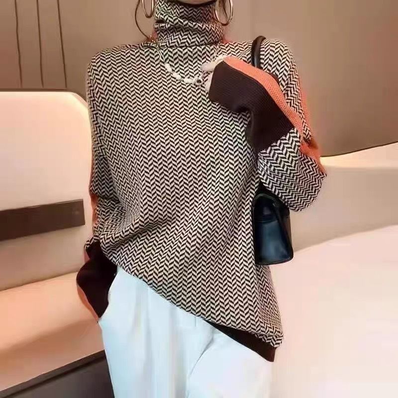 Women's Oversized High Neck Knit Sweater - Soft Acrylic Blend, Color Block Sleeves, Cozy Winter Pullover, Casual Loose Fit, Fashionable 3D Effect_voghion.com