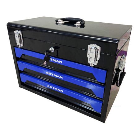 20'' Portable 3-Drawer Steel Toolbox, 4 Layers Of Tools With Metal Latches, With Top Storage Tray And Carrying Handle, Multi-Function Tool Storage For Garage, Home, Or Workbench ,Black&Blue_voghion.com