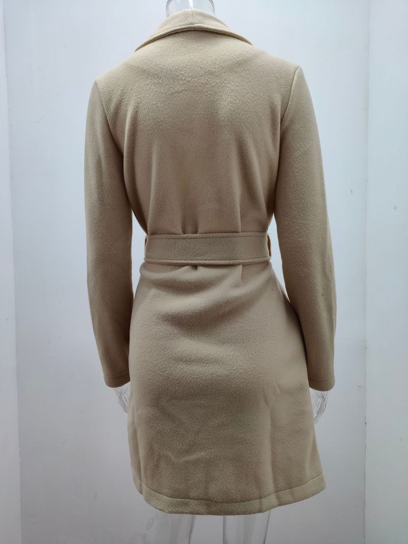 Modischer Damenmantel aus massiver Wolle mit Revers und Schnürung_voghion.com