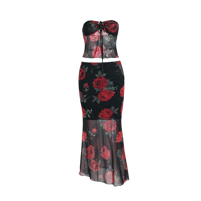 Women's Clothing Fashion Mesh Printed Tube Top Skirt Suit Summer New Slim Fit_voghion.com