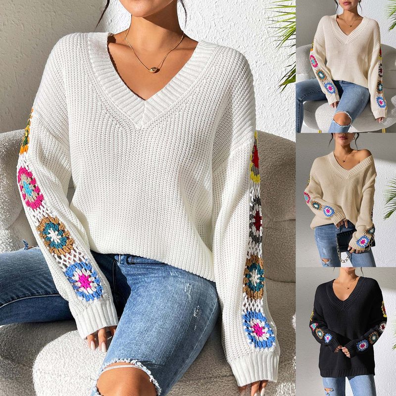 Autumn Winter Women's Top Random Mixed Color Hand Crocheted Patchwork V-Neck Pullover Loose Casual Sweater 675_voghion.com
